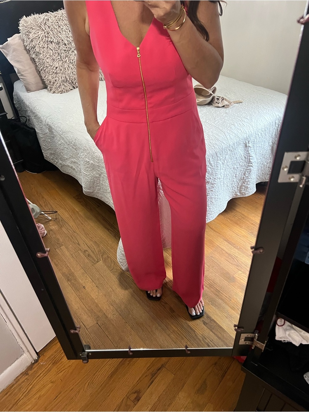 Trina Turk Hot Pink V-Neck Wide-Leg Jumpsuit with Gold Zip
